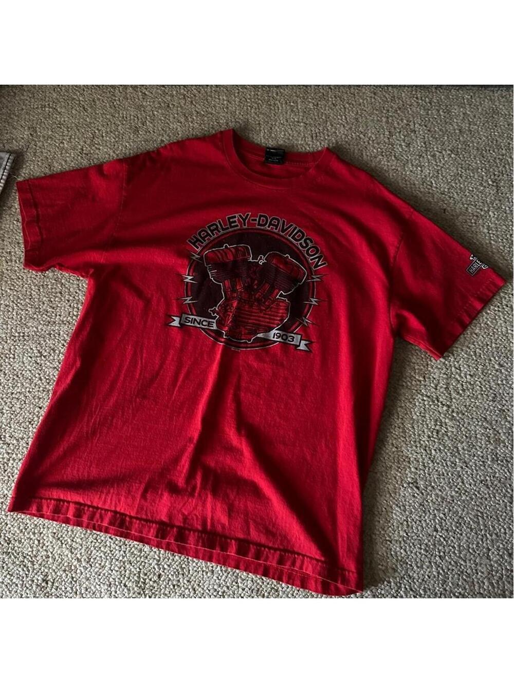 Red Harley Davidson baby tee with black motorcycle graphic